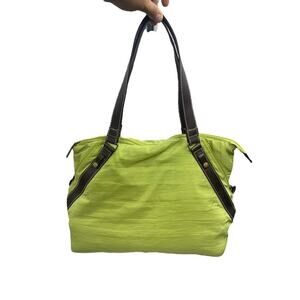 J Jill Green Fabric Shoulder Bag Handbag Brown Leather Trim Travel